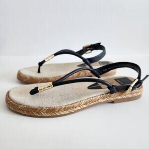 Dolce Vita Meryl Sandals Black & Tan w Gold Tone Hardware Raffia Detail Size 8.5